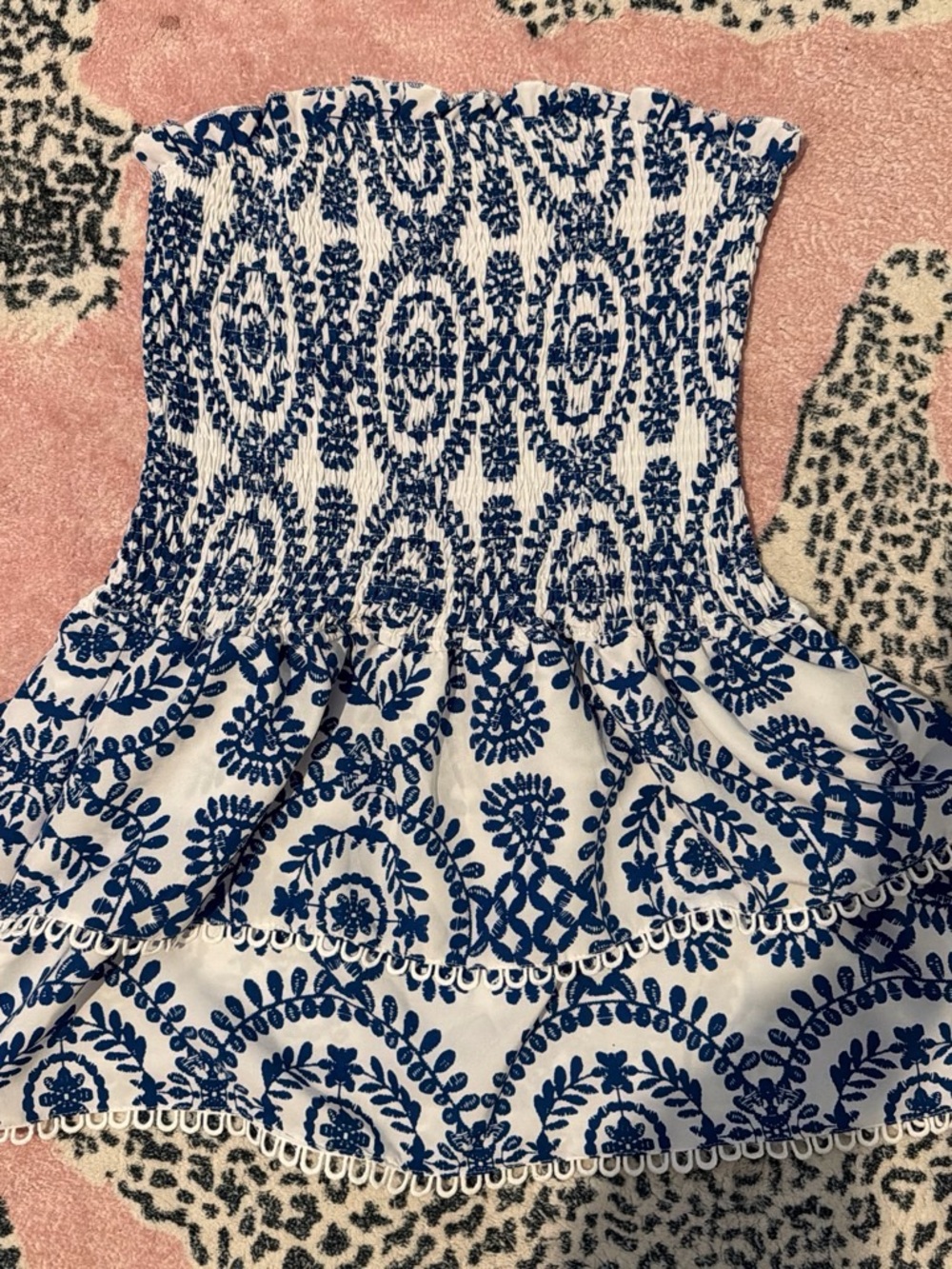 SHEIN White Strapless Smocked Dress with Blue Floral Print